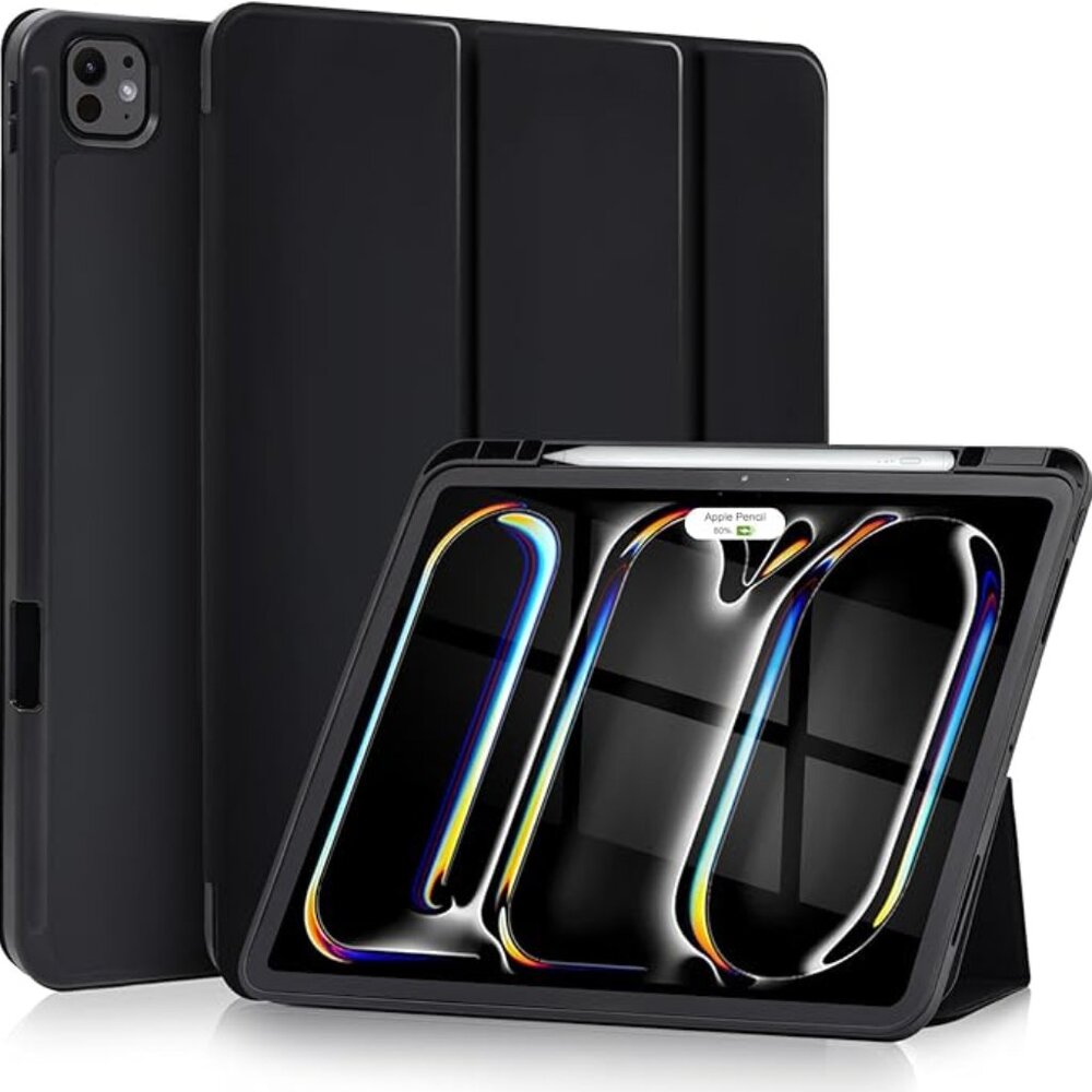 Black  iPad Pro 13 Inch Case (2024 M4) with Pencil Holder & Trifold Stand